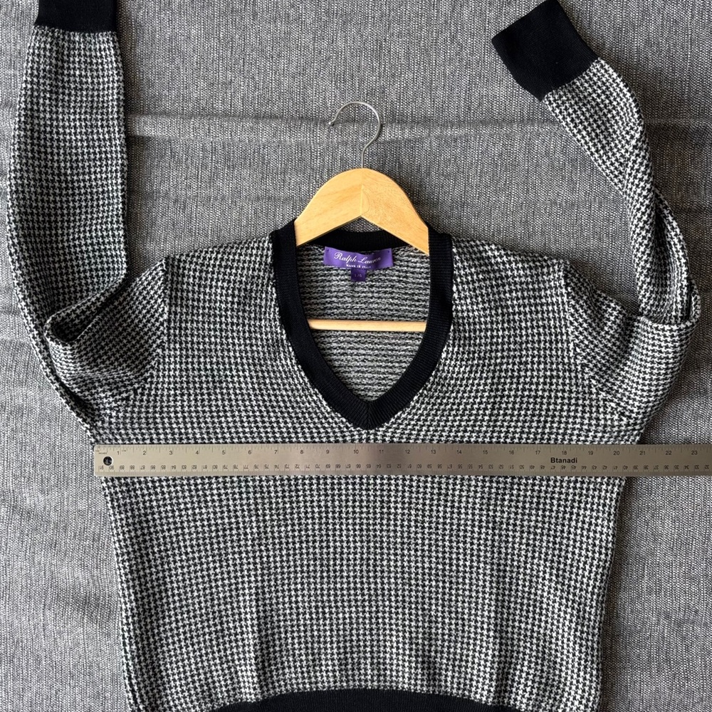 Ralph Lauren Purple Label Houndstooth Merino Wool V-Neck Sweater Size L Jacquard - Picture 10 of 14